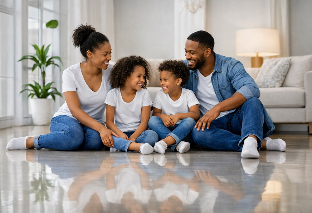 A family enjoying their clean home in Trinidad and Tobago